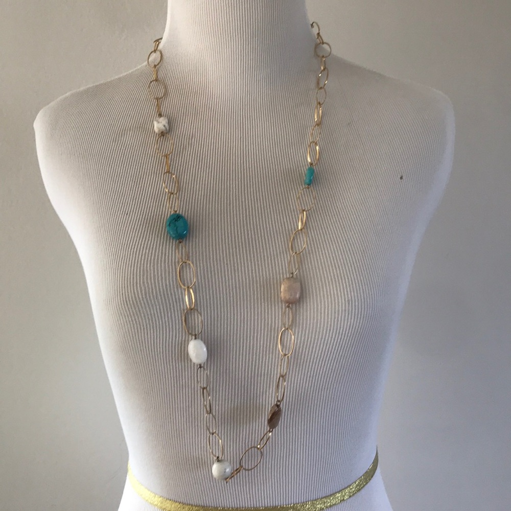 Long gold chain necklace with stones